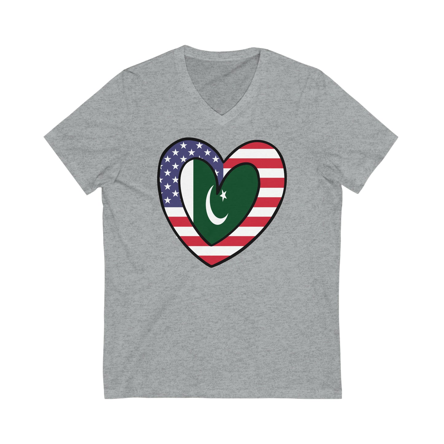 Pakistani American Heart Valentines Day Gift Half Pakistan USA Flag V-Neck T-Shirt | Unisex Vee Shirt