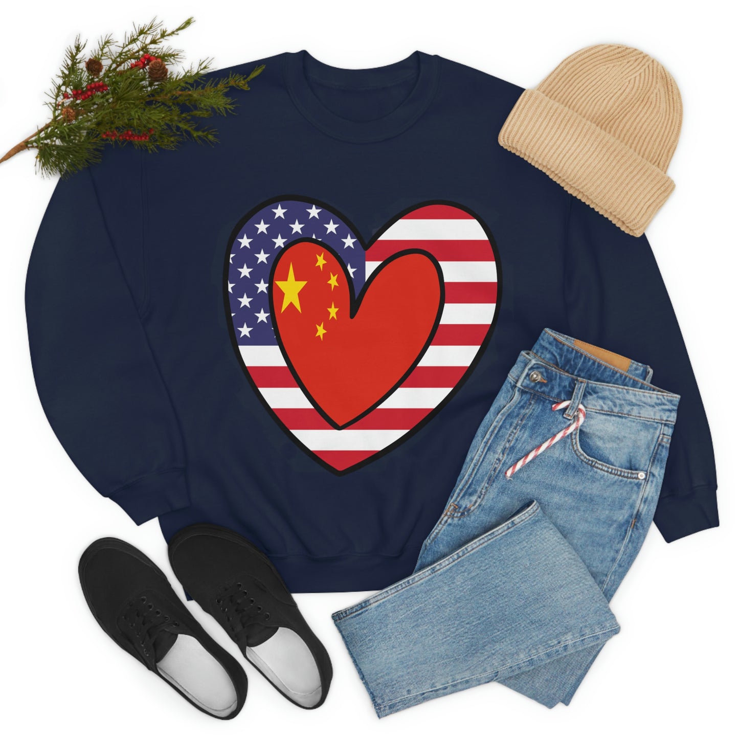 Chinese American Heart Valentines Day Gift Sweatshirt | Unisex China USA Flag