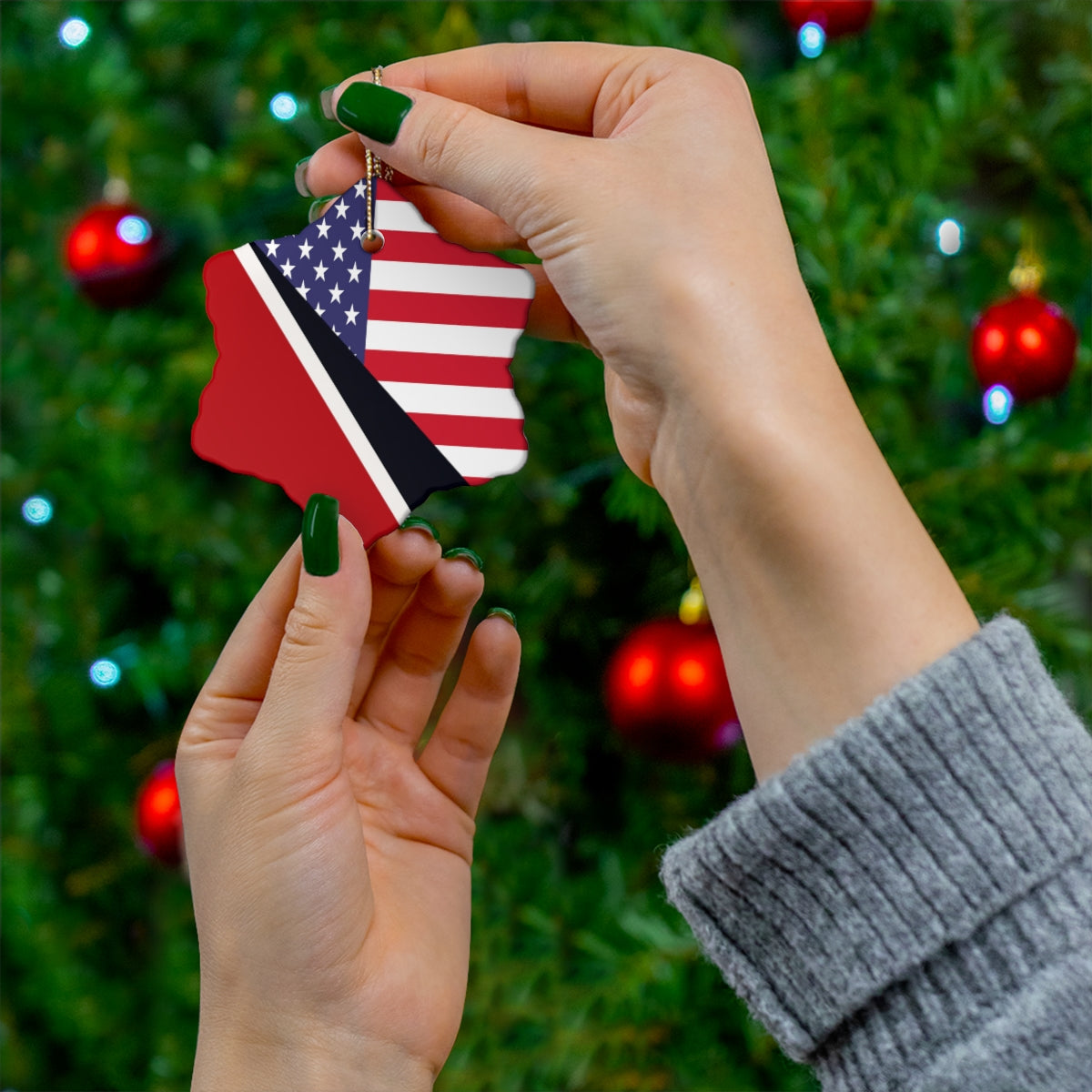 Trini American Flag Ceramic Ornaments | Trinidad USA Holiday Christmas Tree