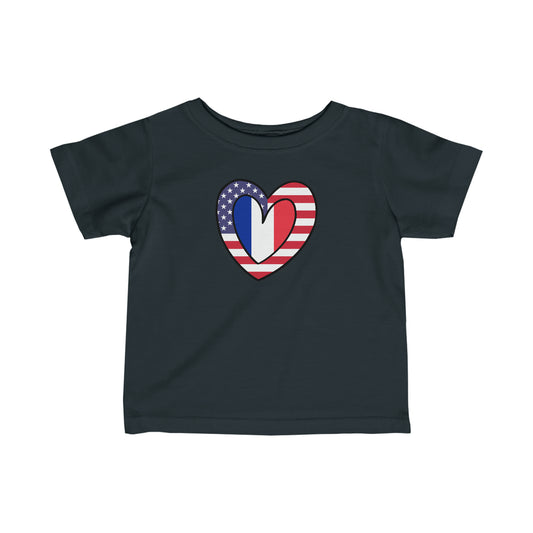 Infant French American Heart Valentines Day Gift Half France USA Flag Toddler Tee Shirt