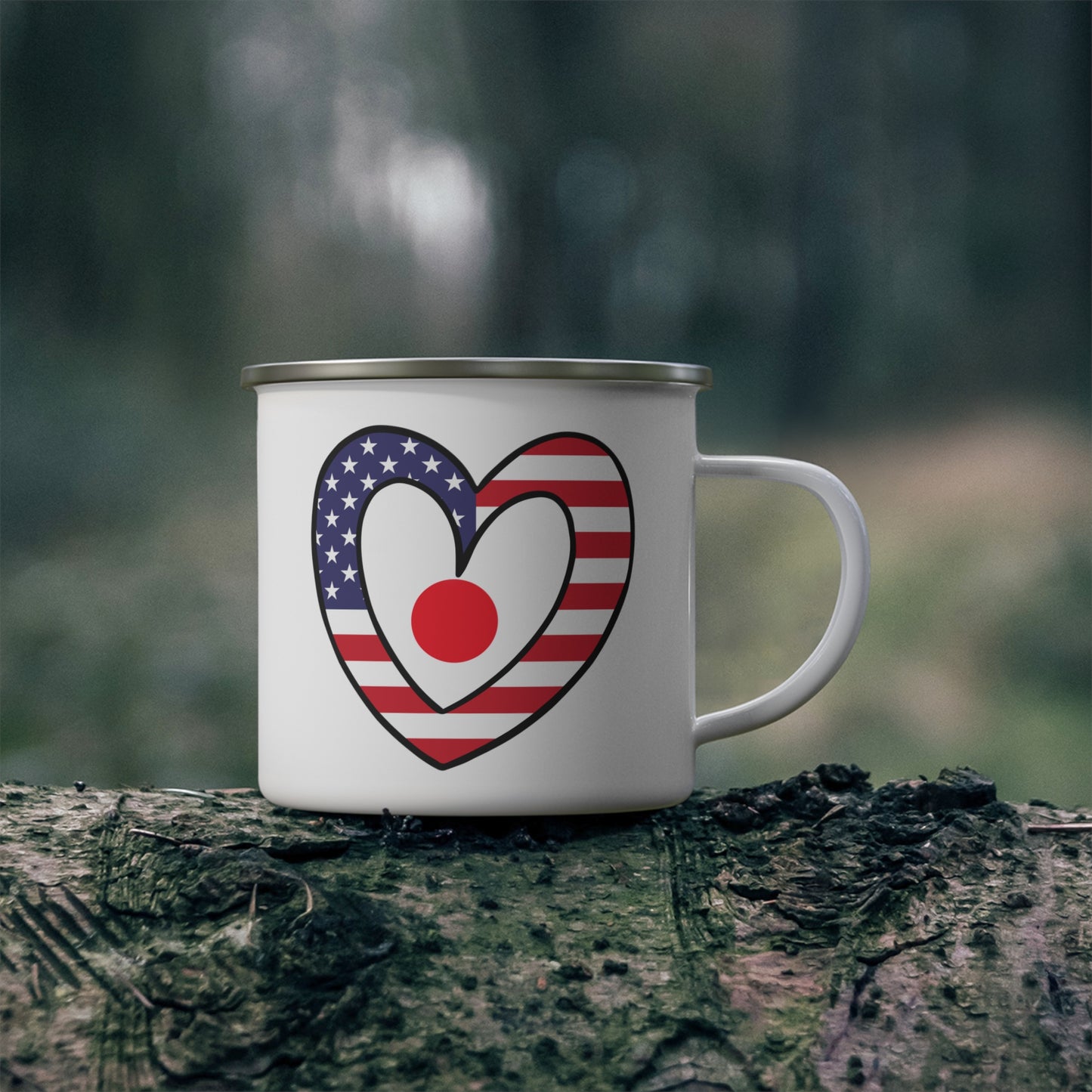 Japanese American Heart Valentines Day Gift Half Japan USA Flag 12oz Enamel Mug