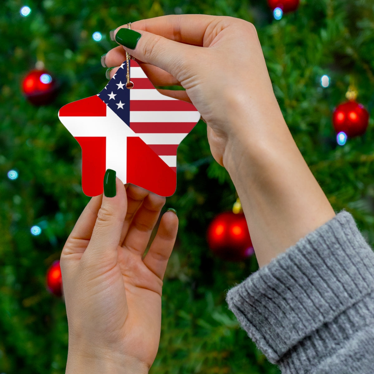 Danish American Flag Ceramic Ornaments | Denmark USA Holiday Christmas Tree