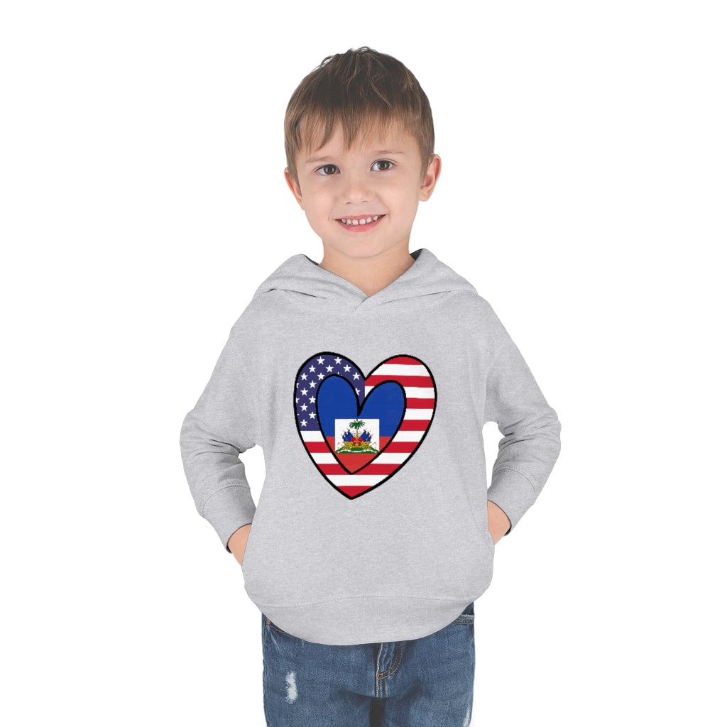 Toddler American Haitian Flag Heart Pullover Fleece Hoodie | Haiti USA