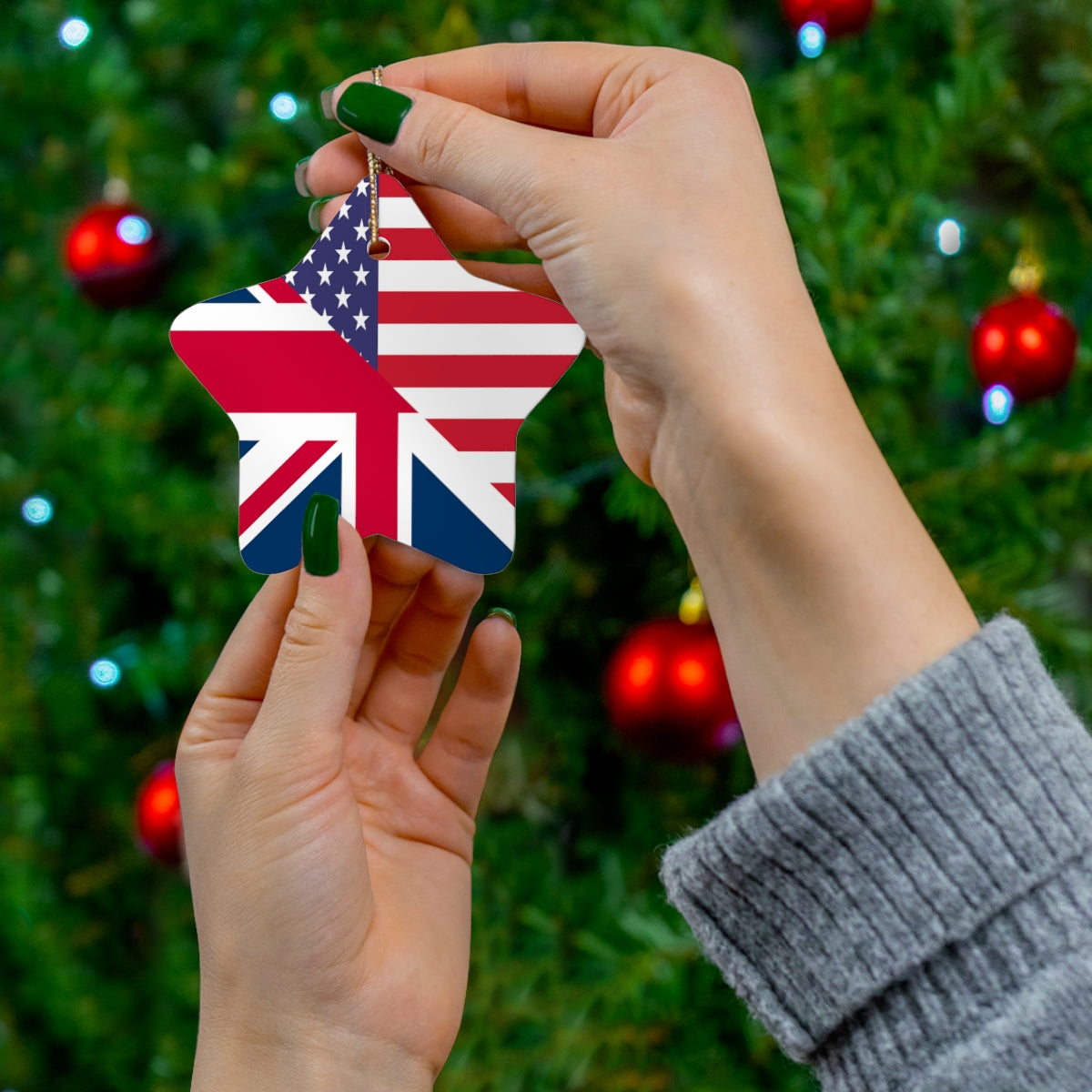 UK American Flag Ceramic Ornaments | United Kingdom USA Holiday Christmas Tree