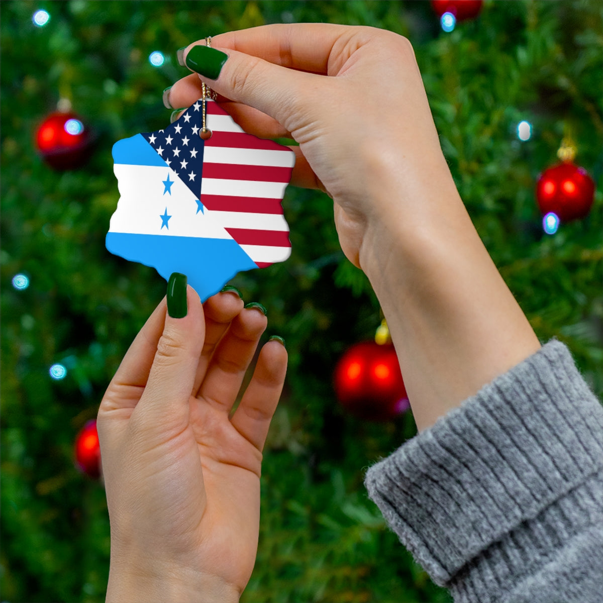 Honduran American Flag Ceramic Ornaments | Honduras USA Holiday Christmas Tree