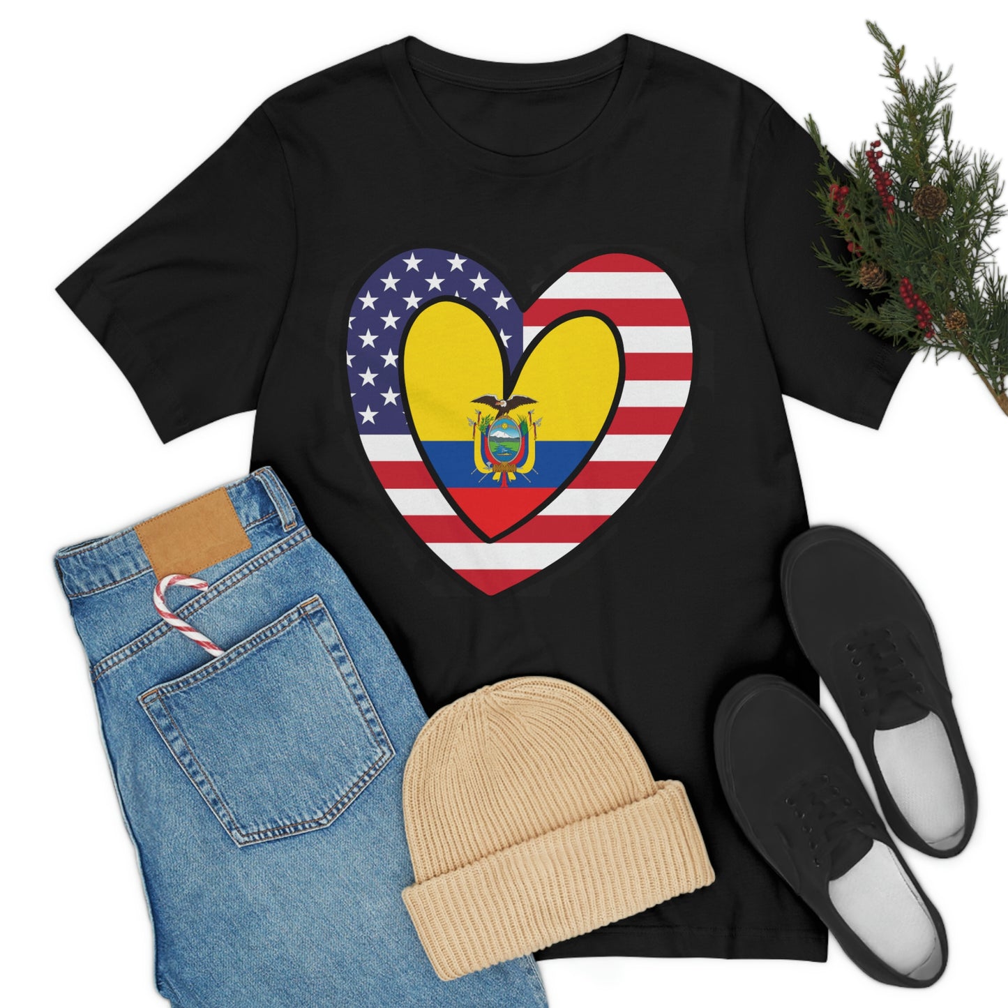 Ecuadorian American Heart Valentines Day Gift Tee Shirt | Half Ecuador USA Flag T-Shirt