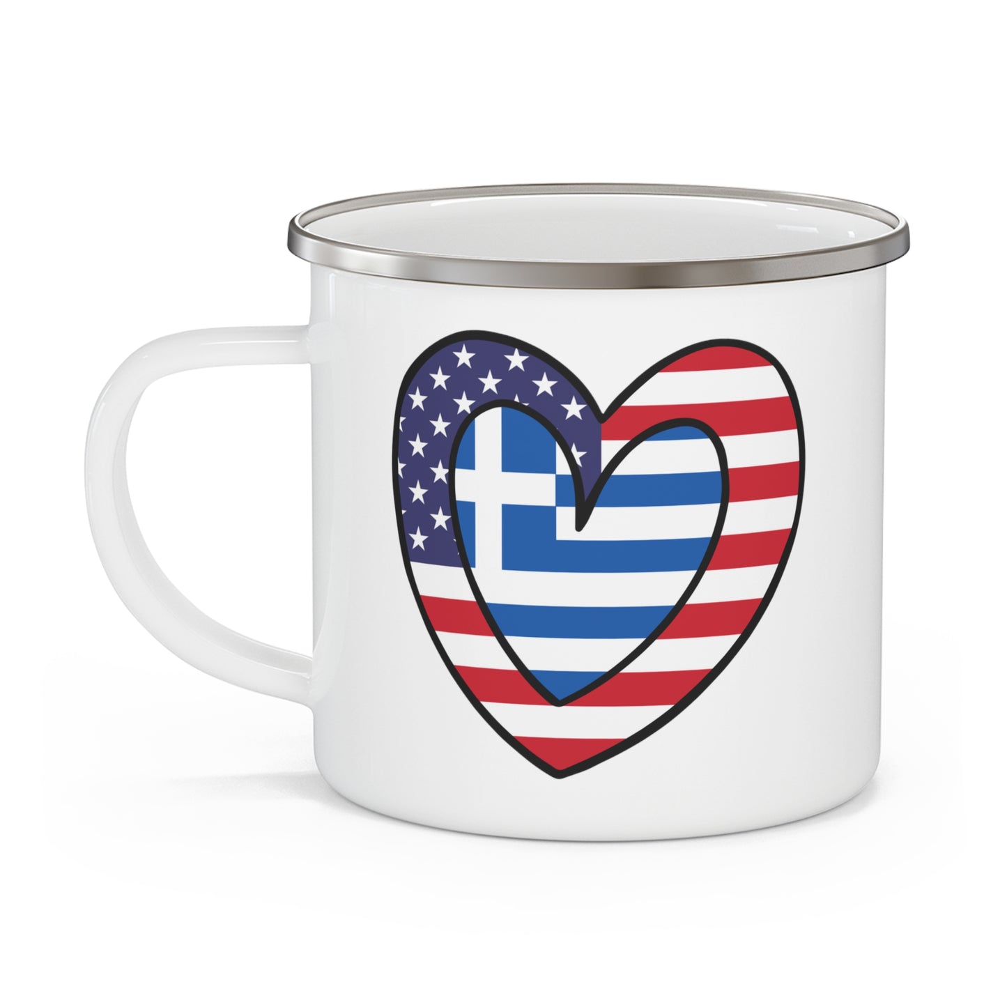 Greek American Heart Valentines Day Gift Half Greece USA Flag 12oz Enamel Mug