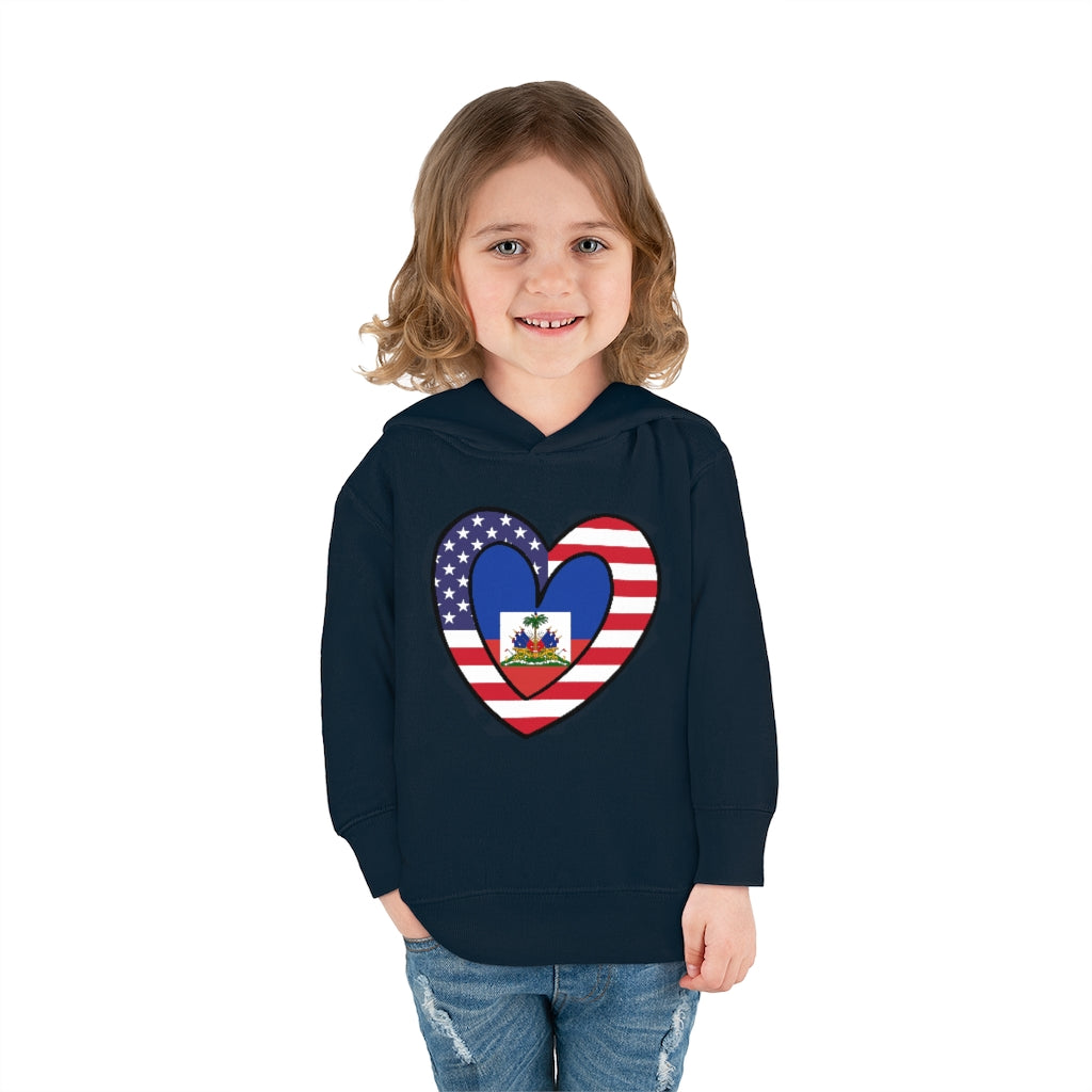 Toddler American Haitian Flag Heart Pullover Fleece Hoodie | Haiti USA