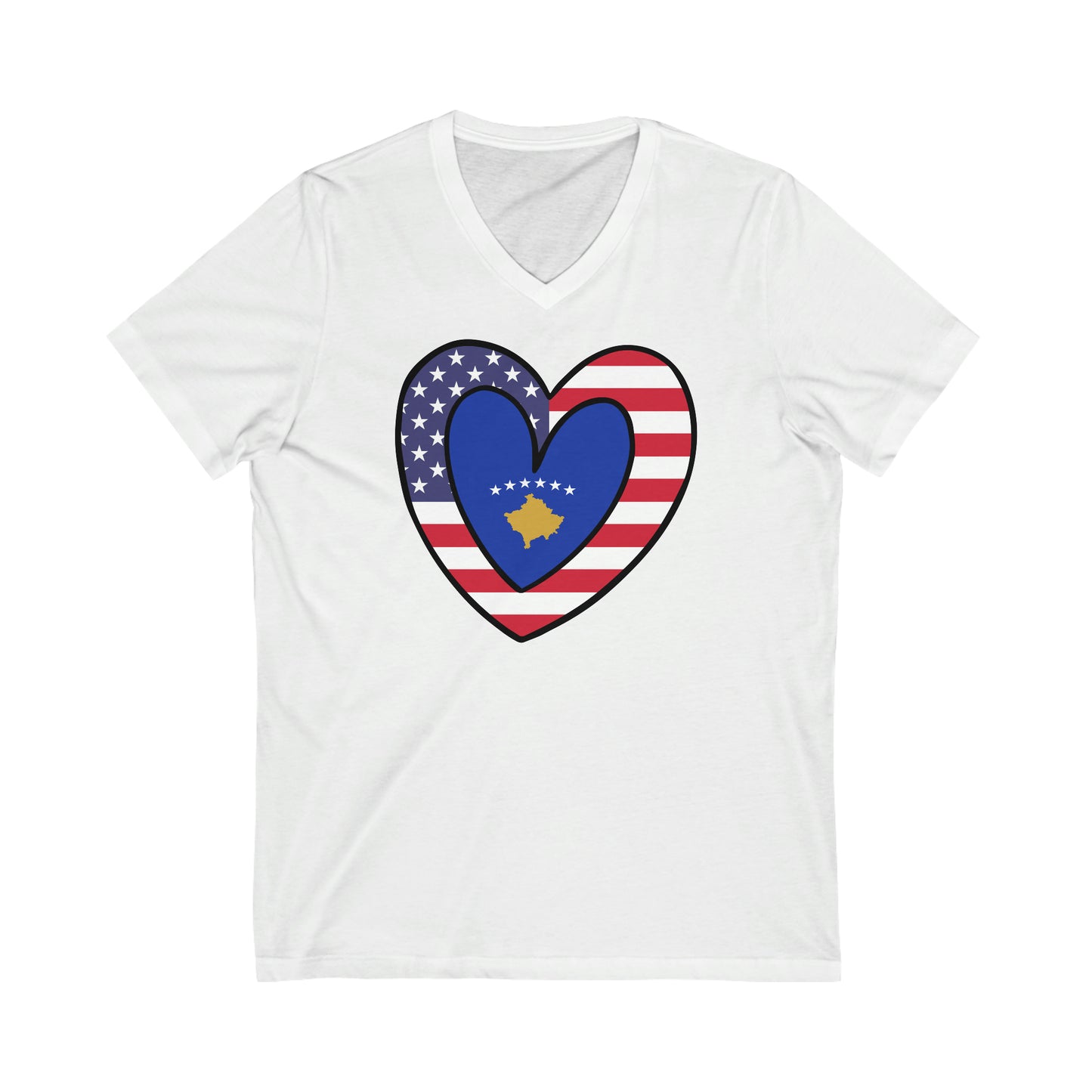 Kosovar American Heart Valentines Day Gift Half Kosovo USA Flag V-Neck T-Shirt | Unisex Vee Shirt