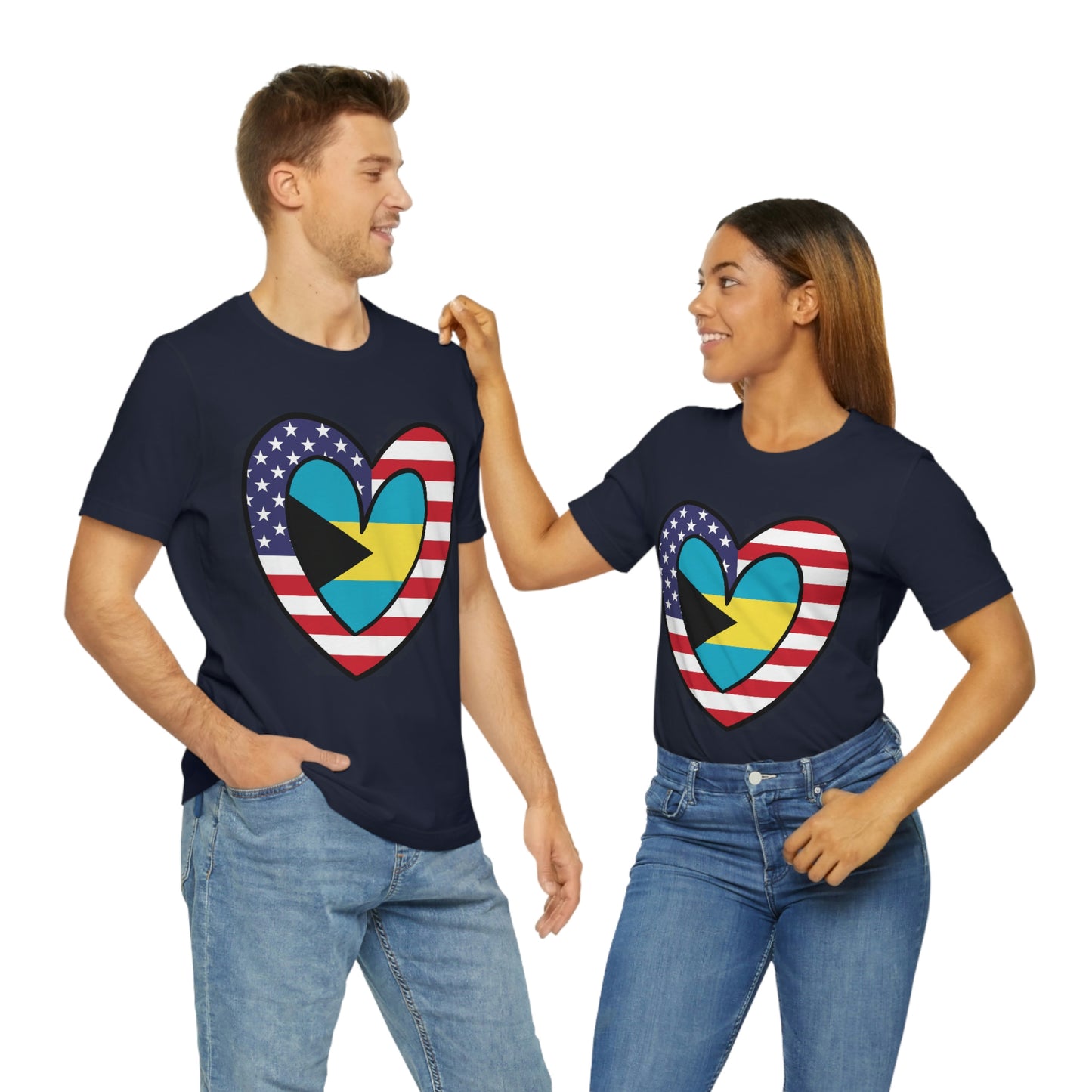 Bahamian American Heart Valentines Day Gift Tee Shirt | Half Bahamas USA Flag T-Shirt