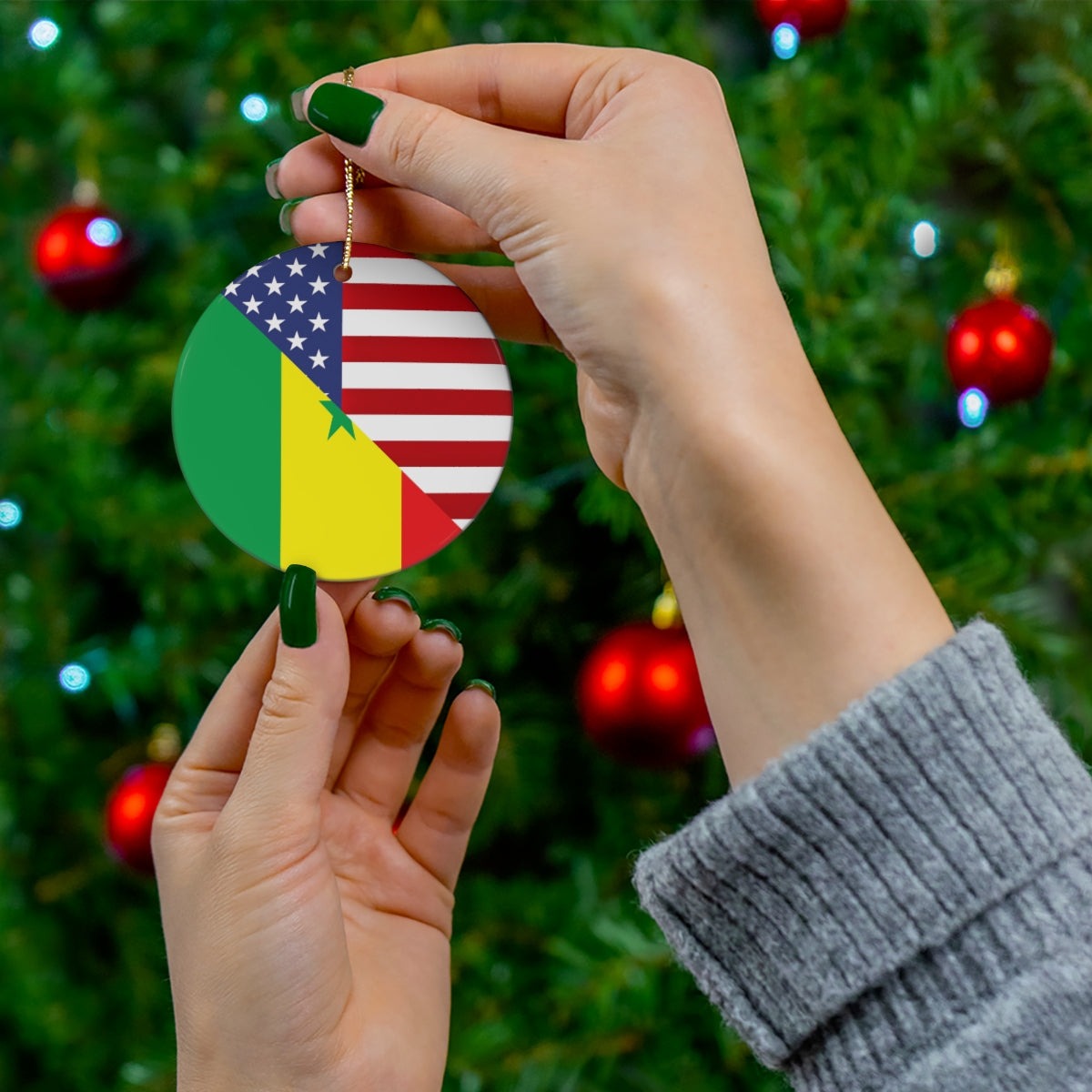 Senegal American Flag Ceramic Ornament | Senegalese USA Christmas Tree