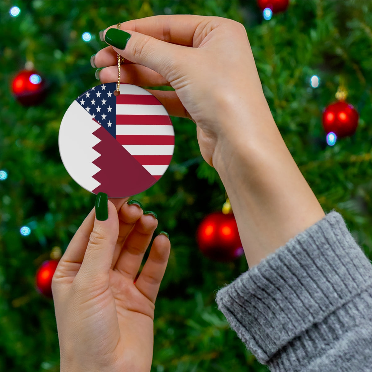 Qatar American Flag Ceramic Ornaments | Qatari USA Christmas Tree