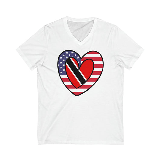 Trinidad Tobago American Heart Valentines Day Gift Half Trini USA Flag V-Neck T-Shirt | Unisex Vee Shirt