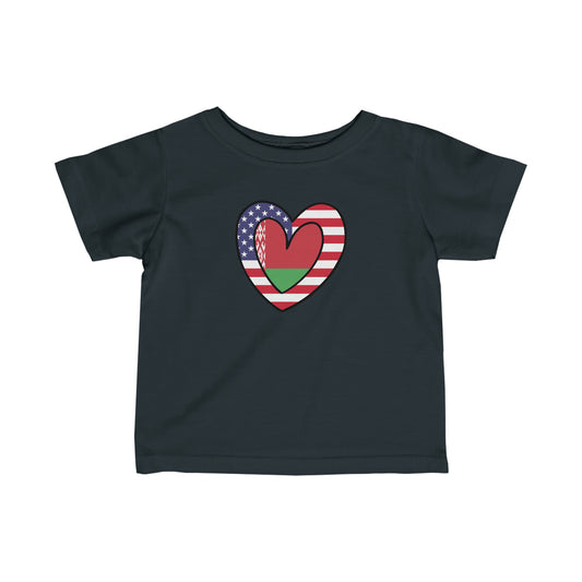 Infant Belarusian American Heart Valentines Day Gift Half Belarus USA Flag Toddler Tee Shirt