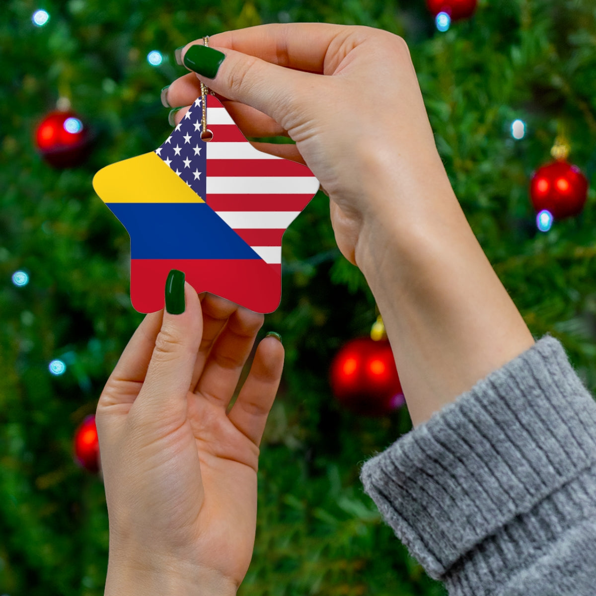 Colombian American Flag Ceramic Ornaments | Colombia USA Holiday Christmas Tree