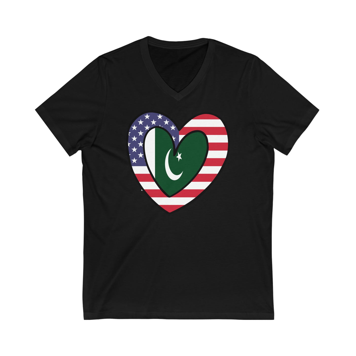 Pakistani American Heart Valentines Day Gift Half Pakistan USA Flag V-Neck T-Shirt | Unisex Vee Shirt