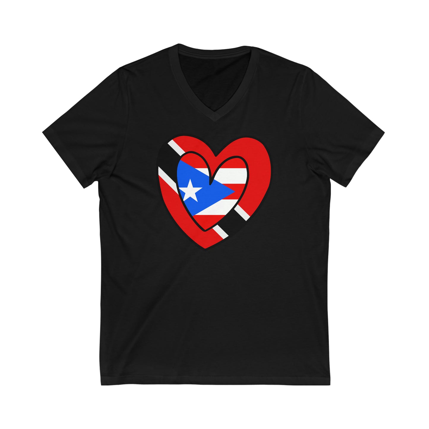 Puerto Rican Trini Heart Valentines Day Gift Half PR Trinidad Flag V-Neck T-Shirt | Unisex Vee Shirt