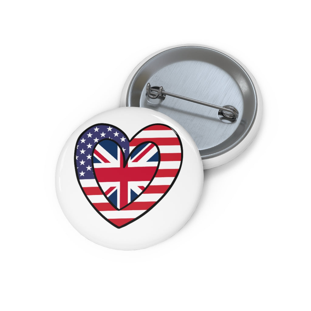 American United Kingdom Flag Inner Heart Pin Button | UK USA