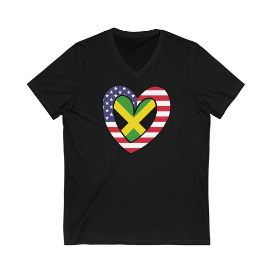 American Jamaican Flag Inner Heart USA Jamaica V-Neck T-Shirt | Unisex Vee Shirt