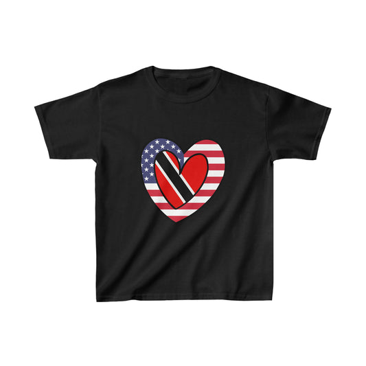 Kids Trinidad Tobago American Heart Valentines Day Gift Half Trini USA Flag T-Shirt | Unisex Tee Shirt