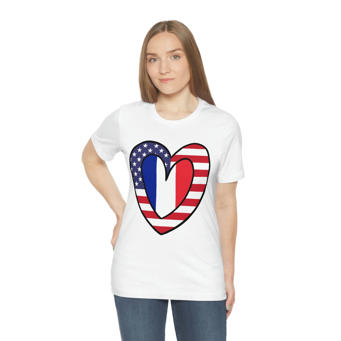 French American Heart Valentines Day Gift Tee Shirt | Half France USA Flag T-Shirt