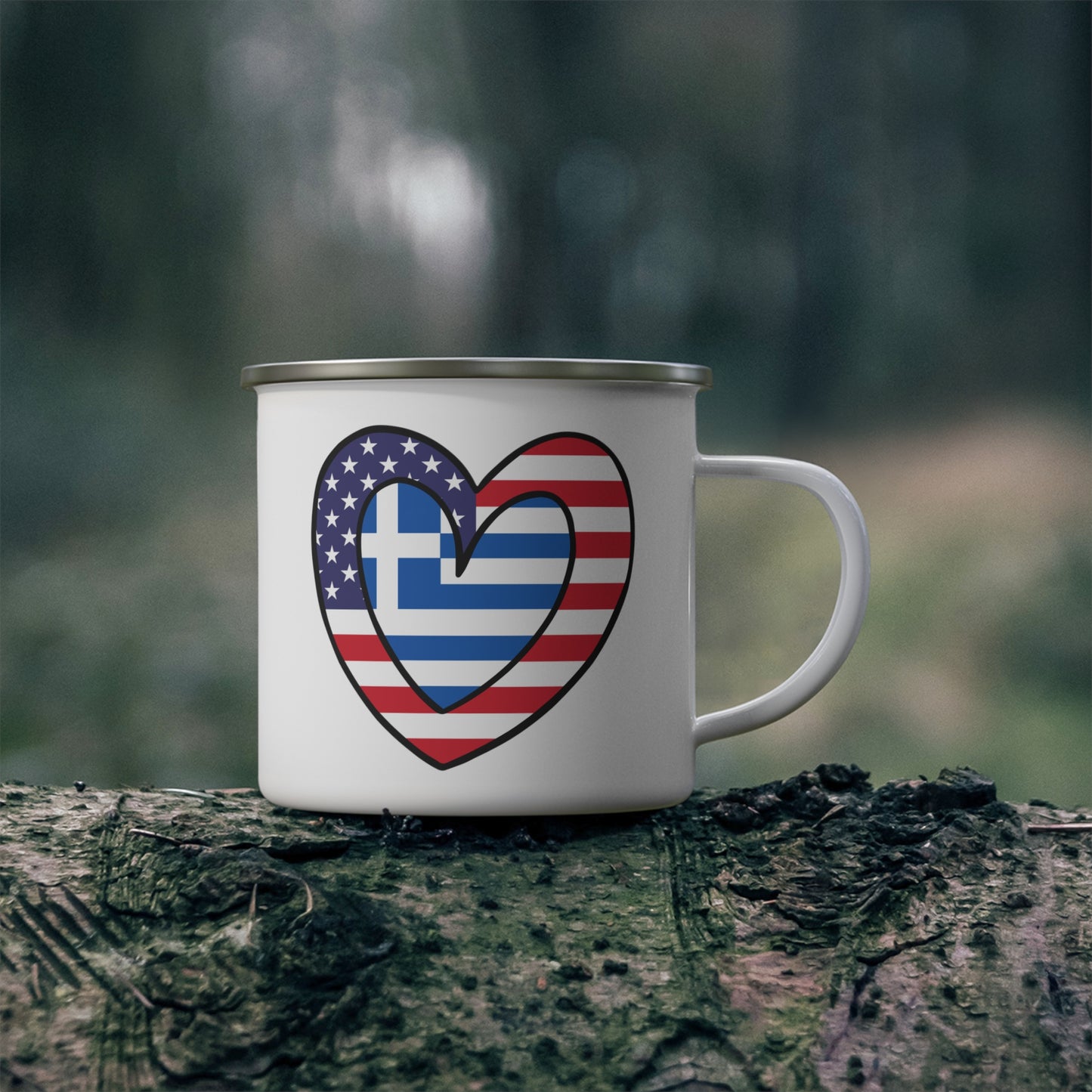 Greek American Heart Valentines Day Gift Half Greece USA Flag 12oz Enamel Mug