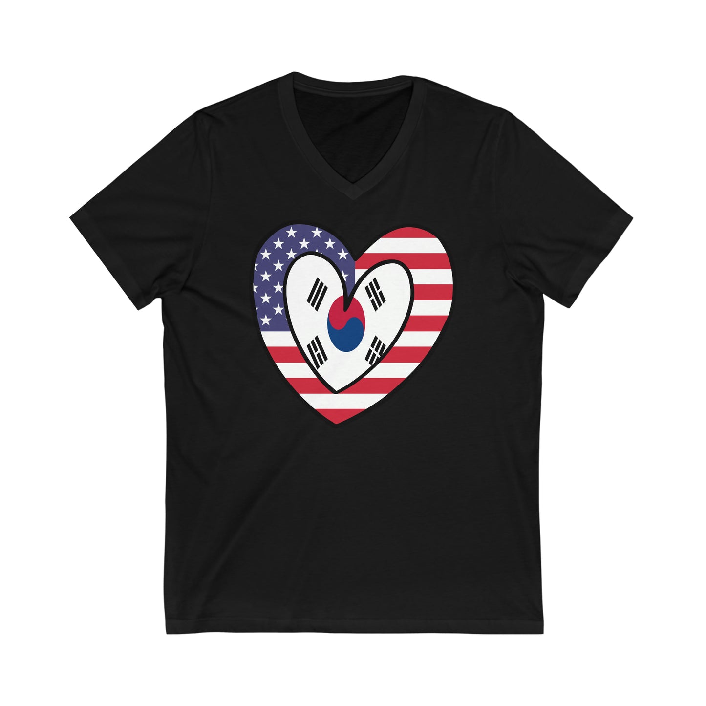 South Korean American Heart Valentines Day Gift Half Korea USA Flag V-Neck T-Shirt | Unisex Vee Shirt