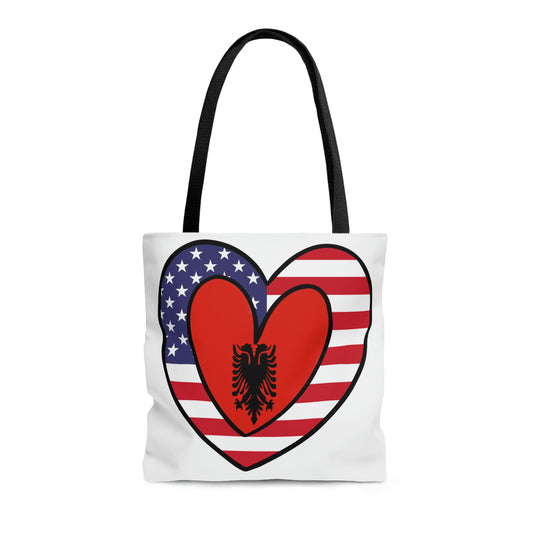 Albanian American Heart Valentines Day Gift Half Albania USA Flag Tote Bag | Shoulder Bag