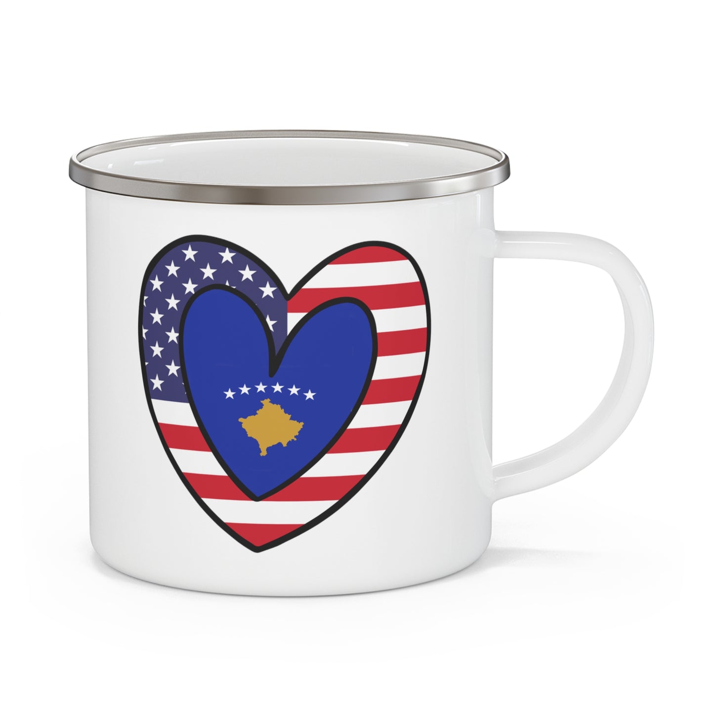 Kosovar American Heart Valentines Day Gift Half Kosovo USA Flag 12oz Enamel Mug