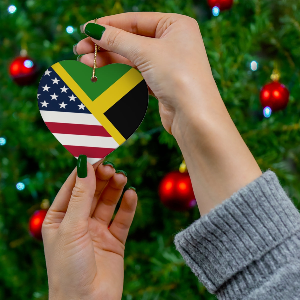 Jamaica American Flag Ceramic Ornaments | Jamaican USA Holiday Christmas Tree