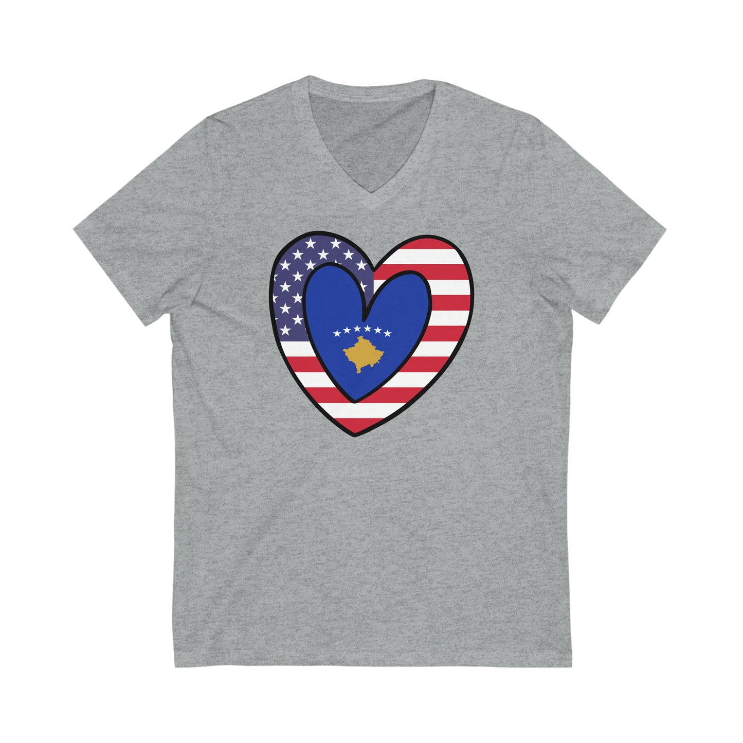 Kosovar American Heart Valentines Day Gift Half Kosovo USA Flag V-Neck T-Shirt | Unisex Vee Shirt