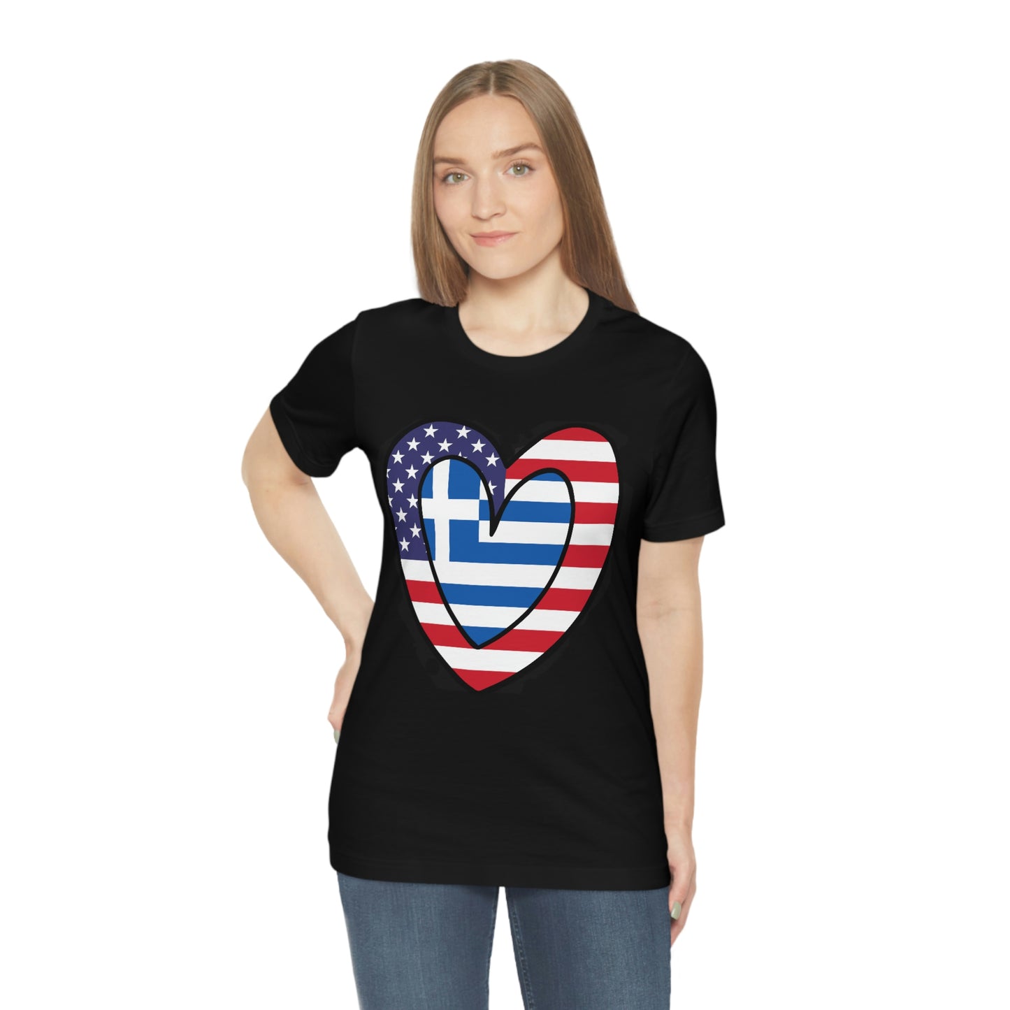 Greek American Heart Valentines Day Gift Tee Shirt | Half Greece USA Flag T-Shirt