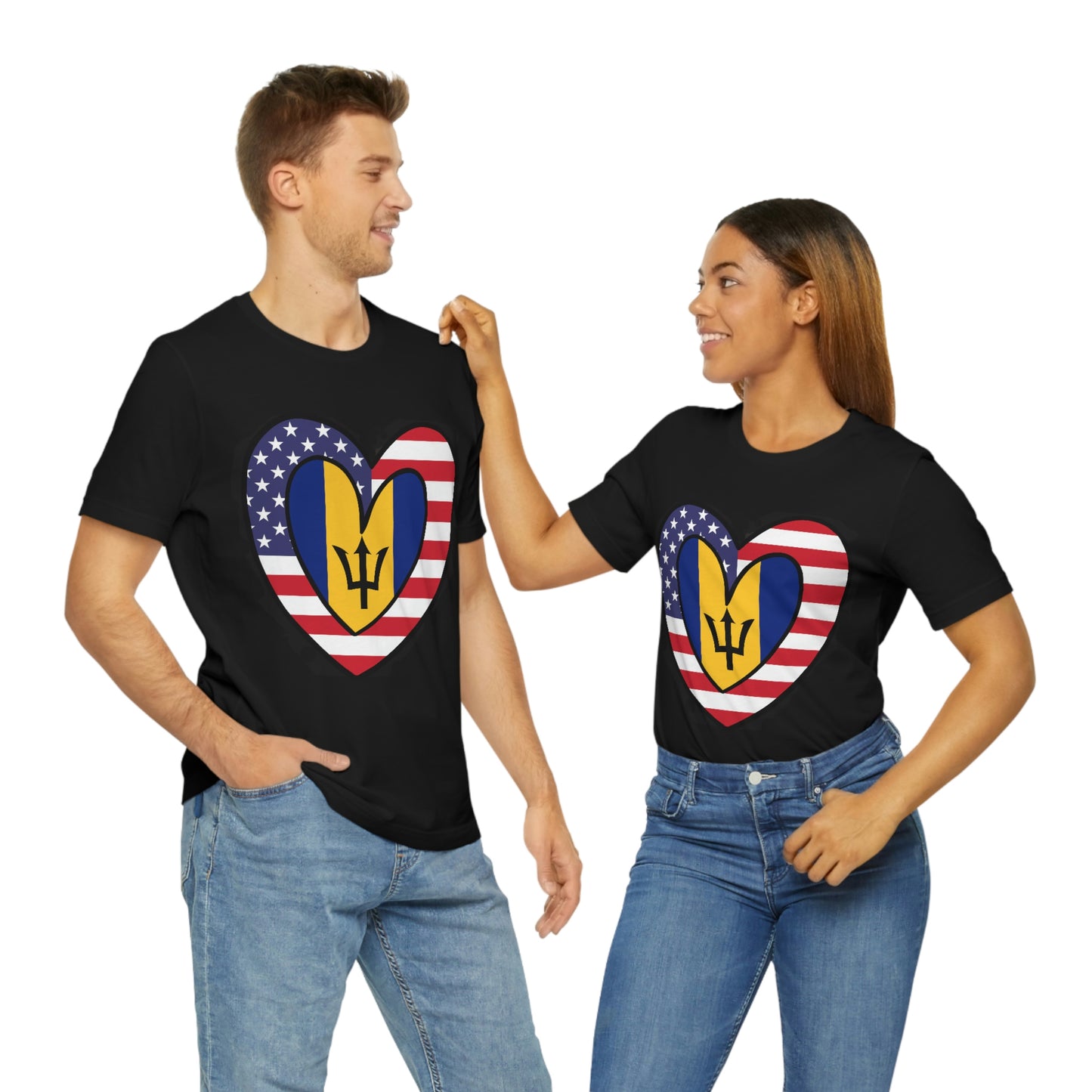 Bajan American Heart Valentines Day Gift Tee Shirt | Half Barbados USA Flag T-Shirt