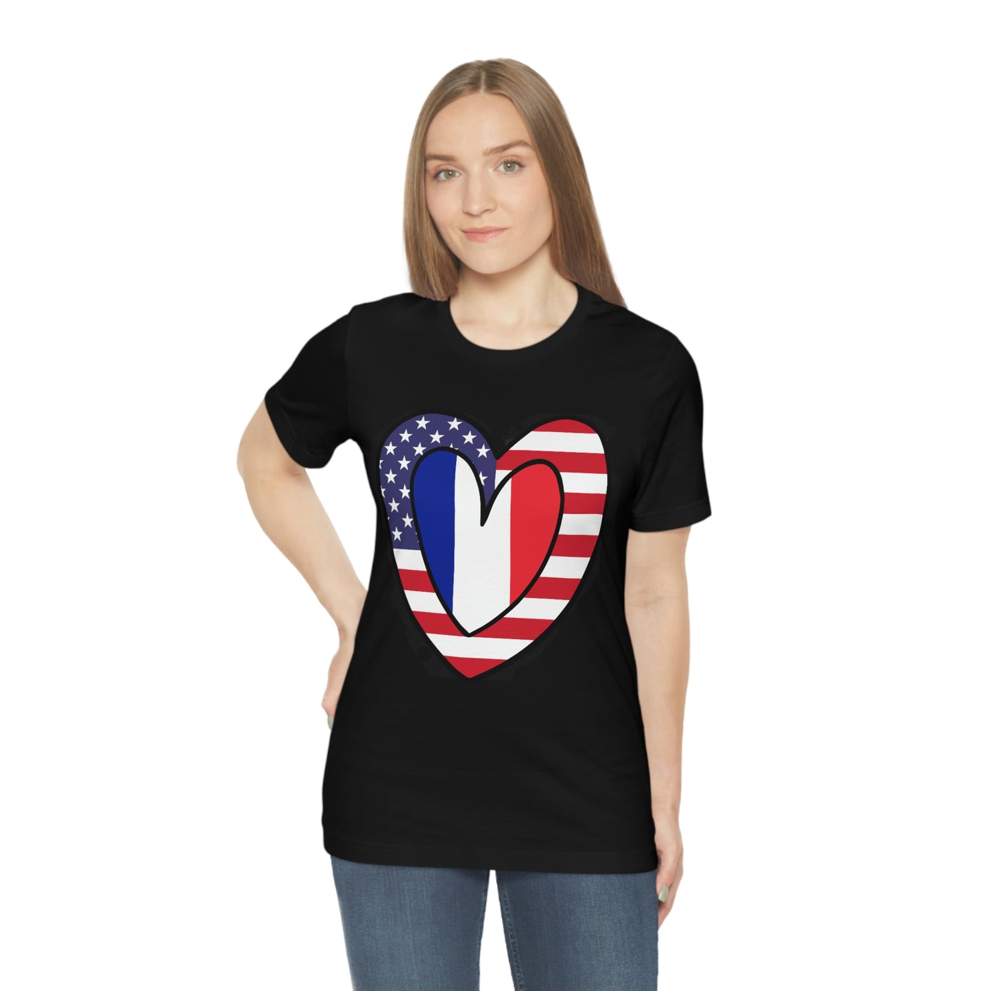 French American Heart Valentines Day Gift Tee Shirt | Half France USA Flag T-Shirt