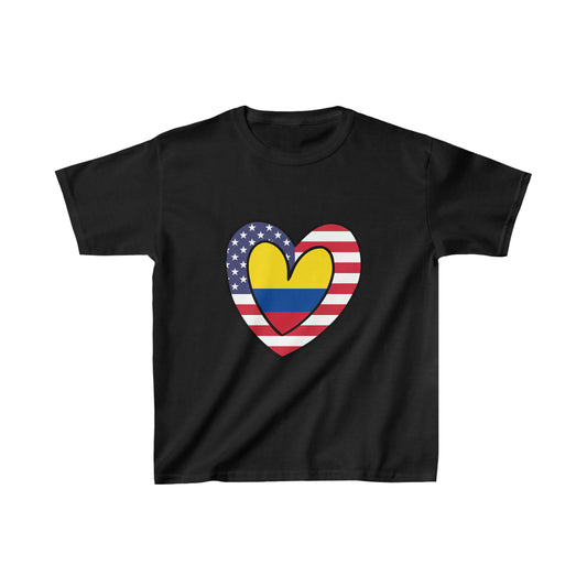 Kids Colombian American Heart Valentines Day Gift Half Colombia USA Flag T-Shirt | Unisex Tee Shirt