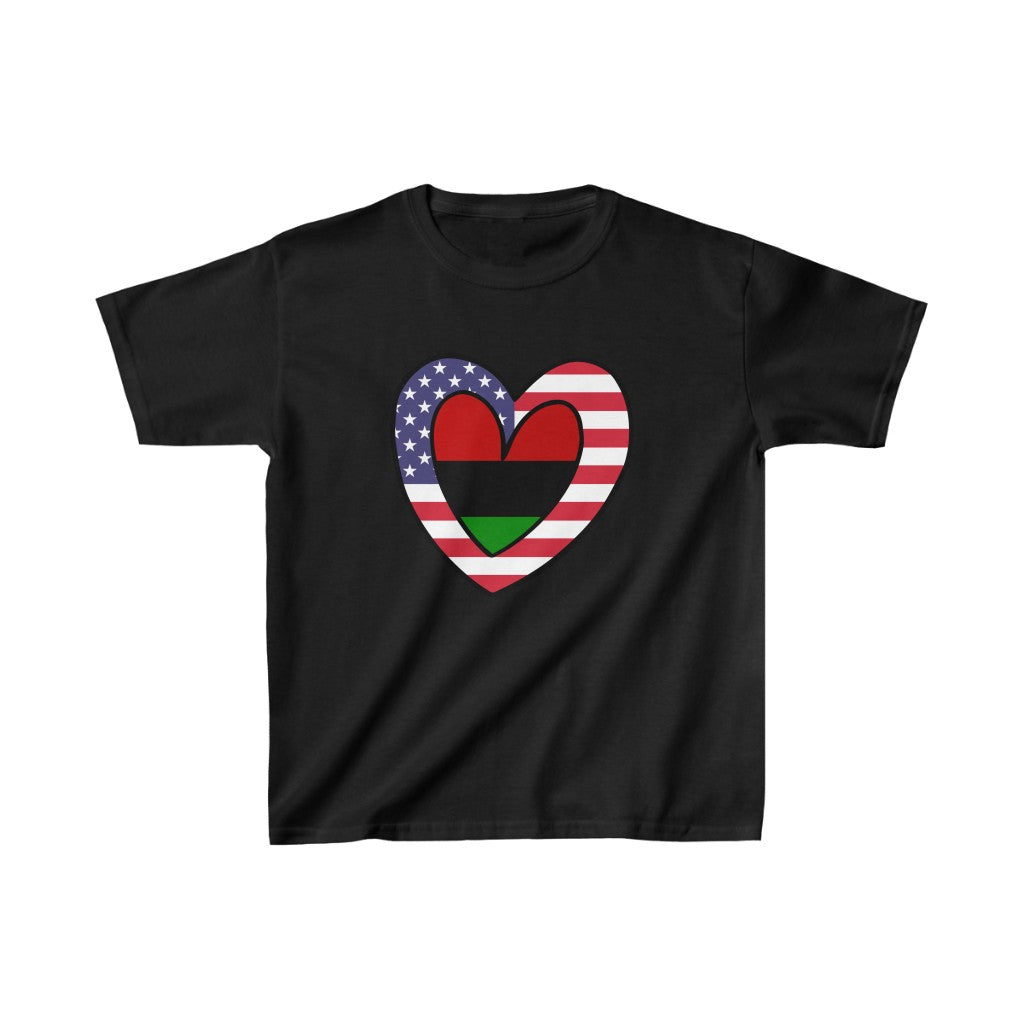 Kids American Pan African Flag Inner Heart USA Black T-Shirt | Unisex Tee Shirt