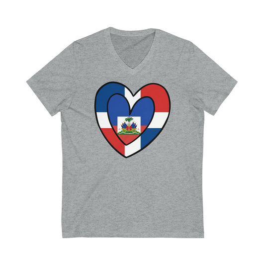 Dominican Haitian Flag Inner Heart DR Republic Haiti  V-Neck T-Shirt | Unisex Vee Shirt