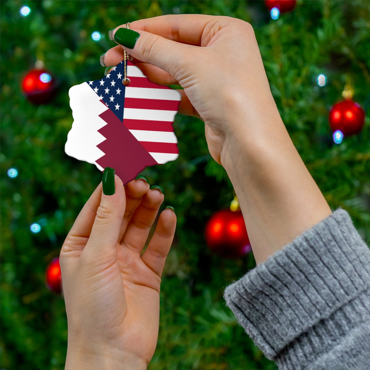 Qatar American Flag Ceramic Ornaments | Qatari USA Christmas Tree