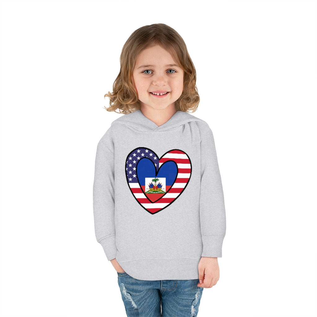 Toddler American Haitian Flag Heart Pullover Fleece Hoodie | Haiti USA