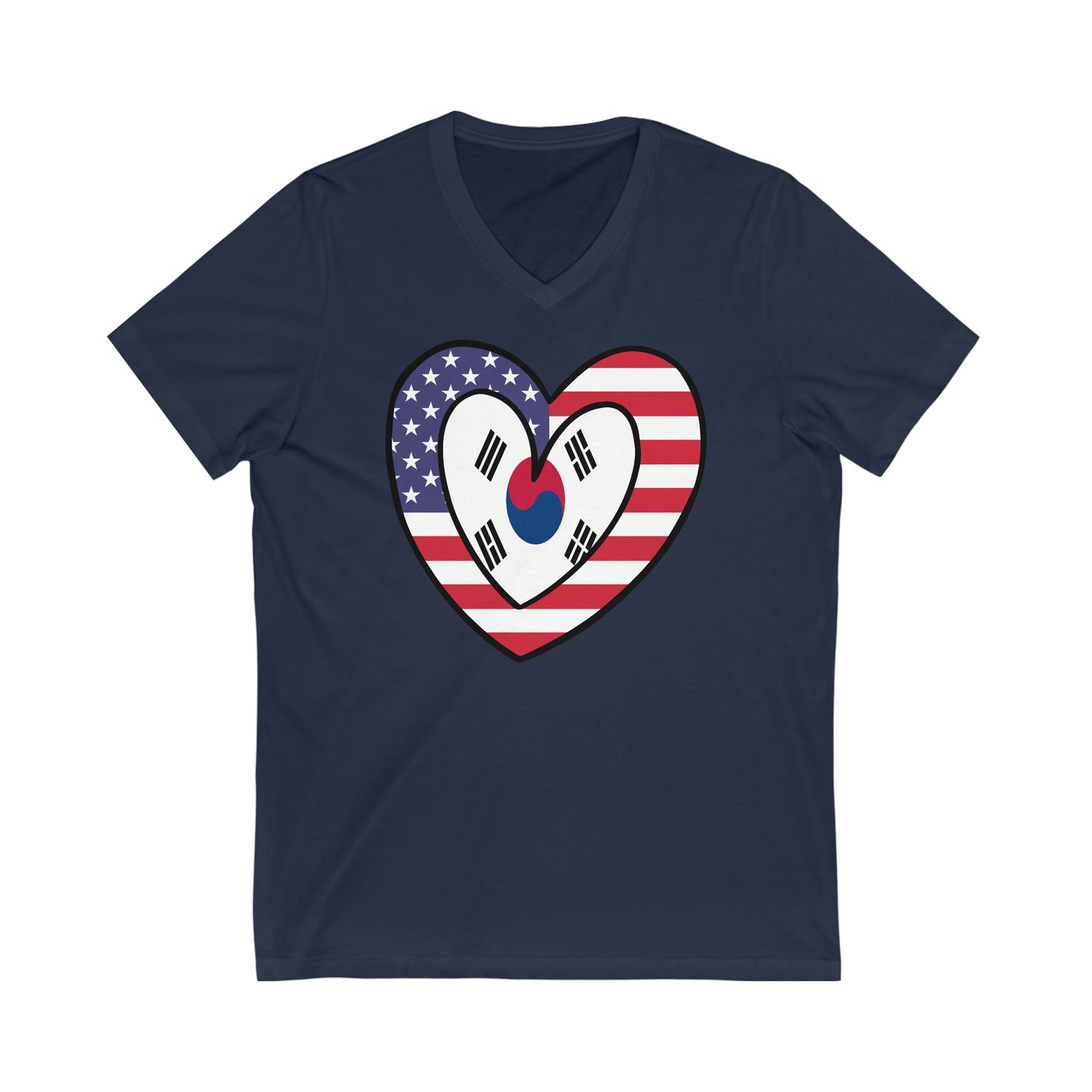 South Korean American Heart Valentines Day Gift Half Korea USA Flag V-Neck T-Shirt | Unisex Vee Shirt