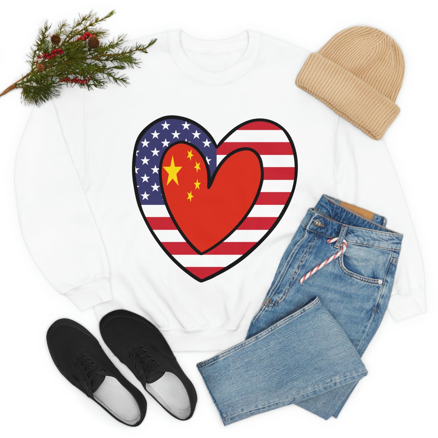 Chinese American Heart Valentines Day Gift Sweatshirt | Unisex China USA Flag