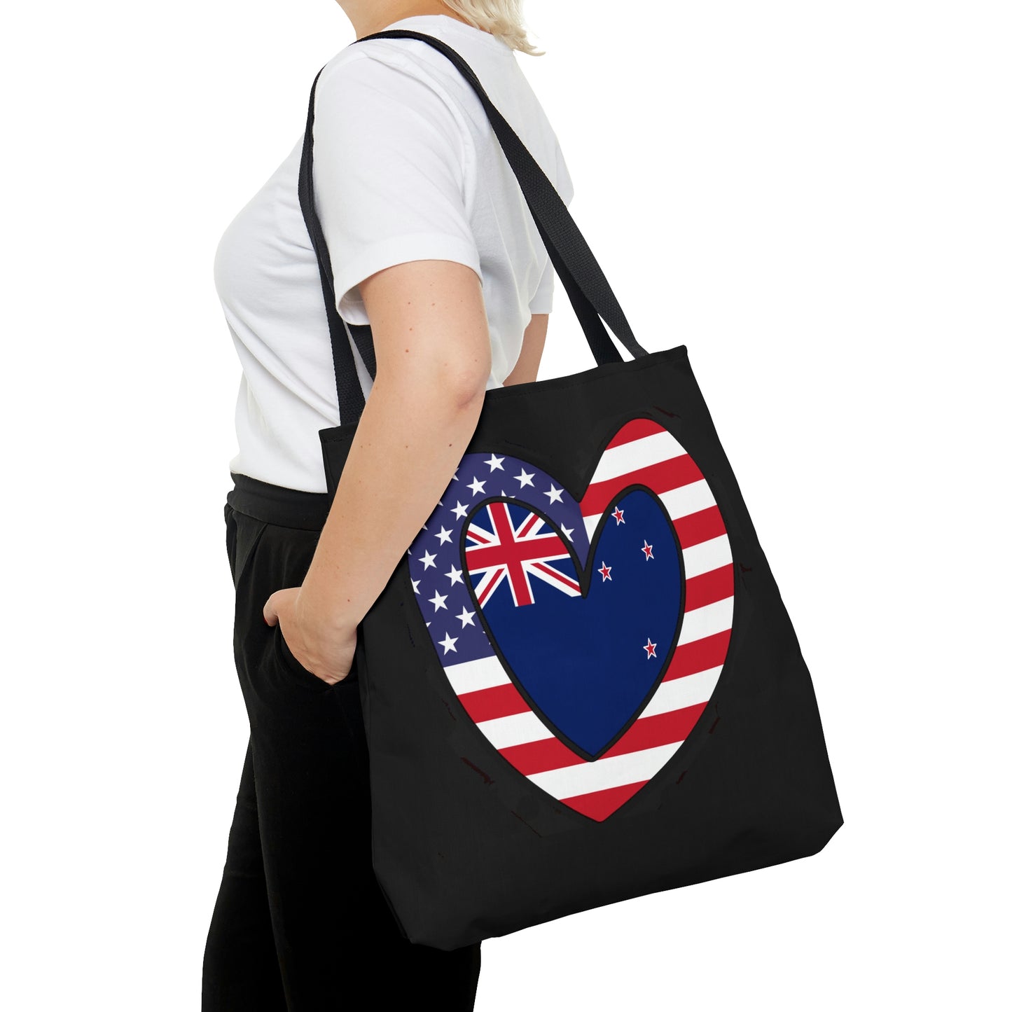 Kiwi American Heart Valentines Day Gift Half New Zealand USA Flag Tote Bag | Shoulder Bag