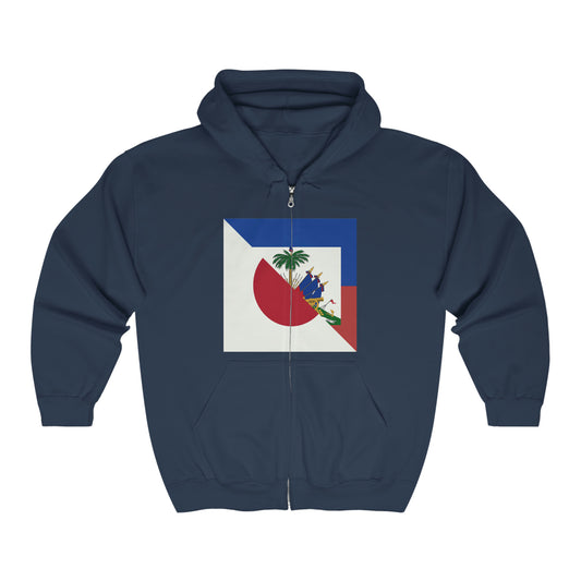 Haitian Japanese Flag | Half Haiti Japan Zip Hoodie | Hooded Sweatshirt