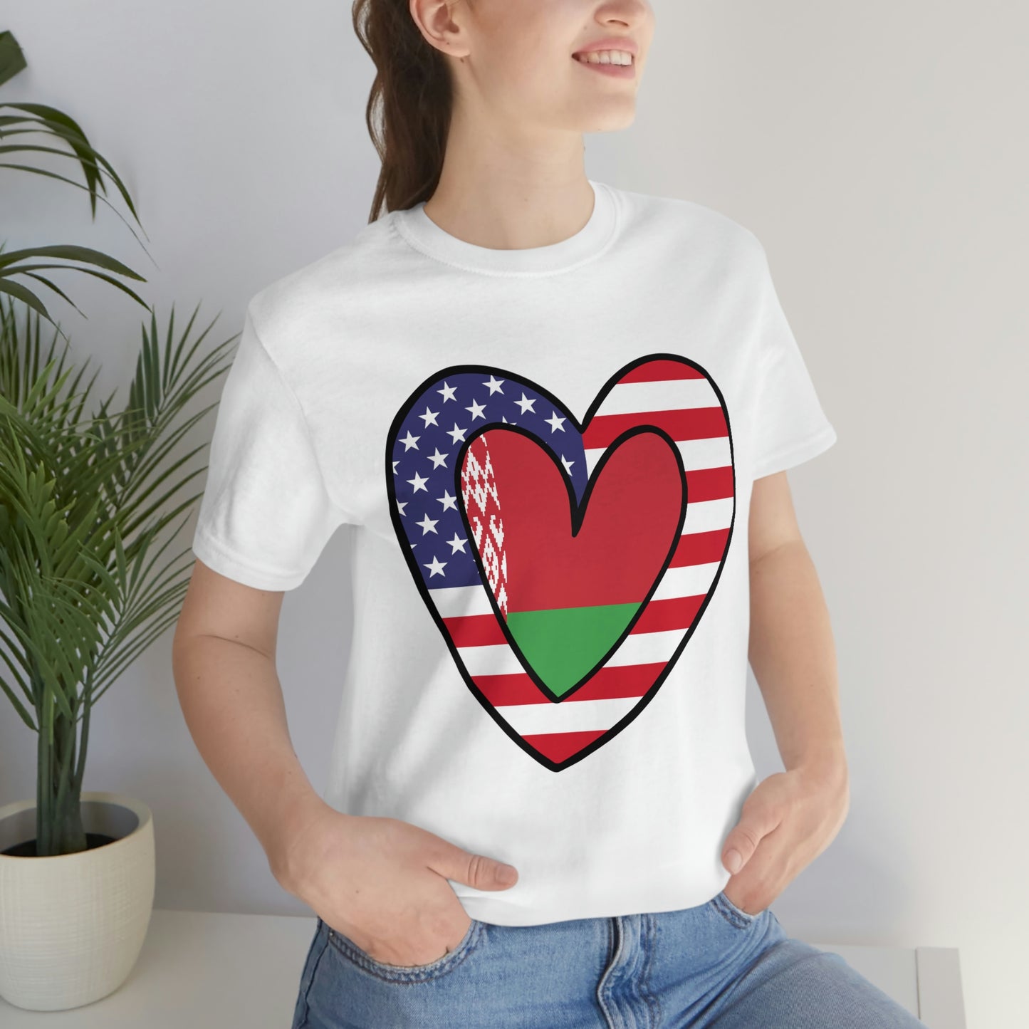 Belarusian American Heart Valentines Day Gift Tee Shirt | Half Belarus USA Flag T-Shirt