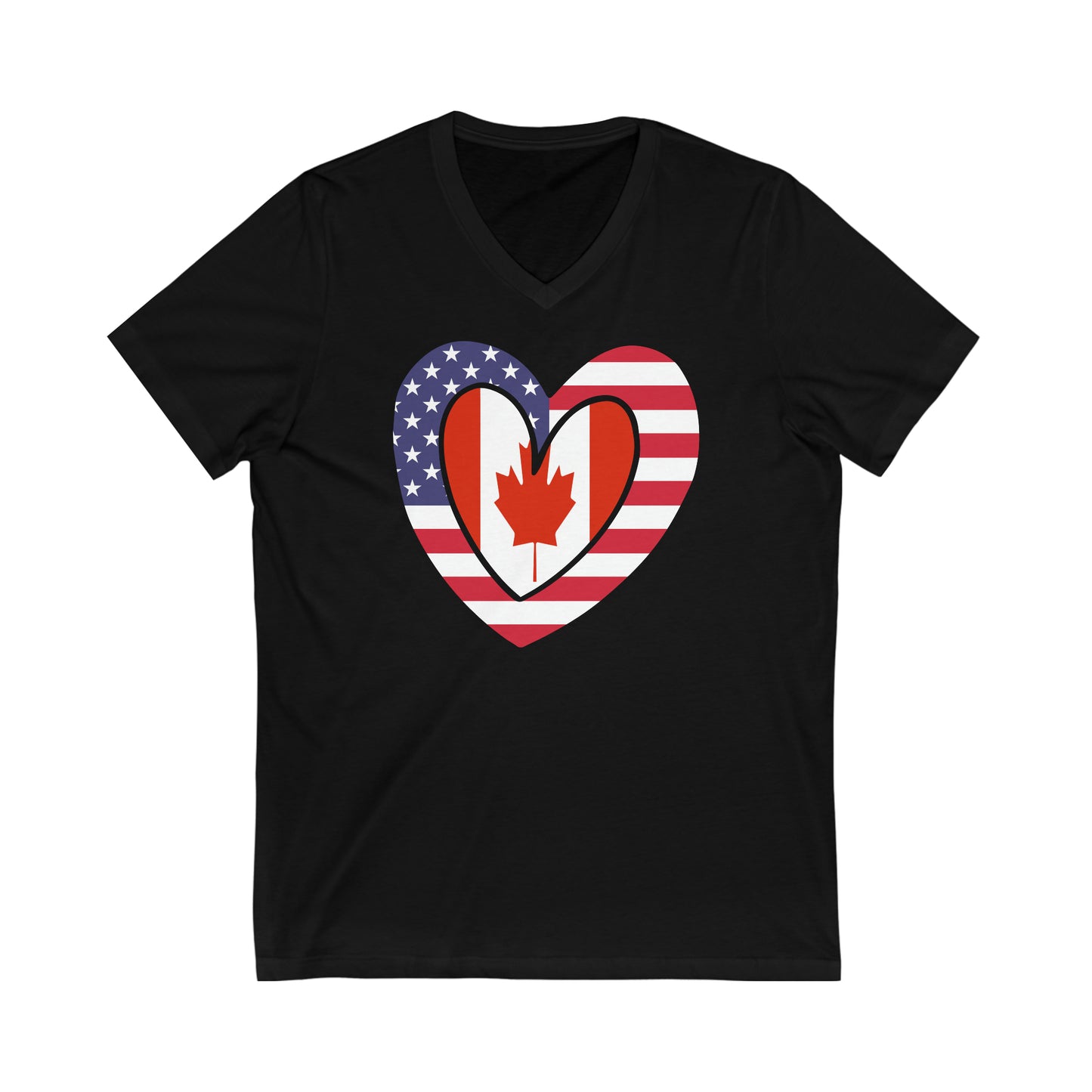 Canadian American Heart Valentines Day Gift Half Canada USA Flag V-Neck T-Shirt | Unisex Vee Shirt