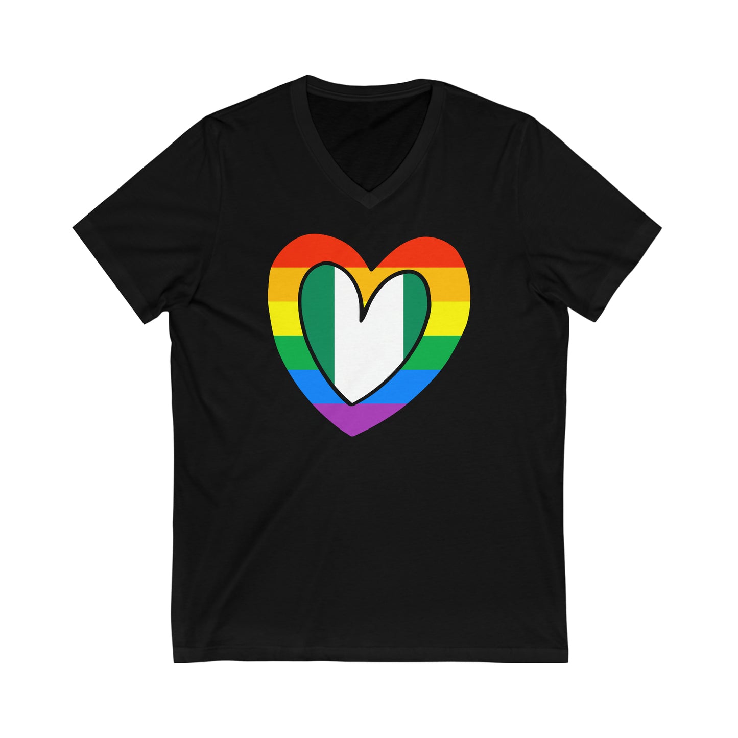 Nigerian Rainbow Flag Heart Nigeria Pride Month V-Neck T-Shirt | Unisex Vee Shirt