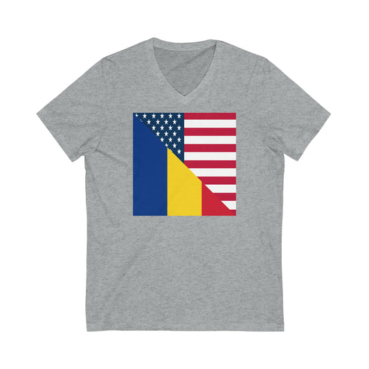 Romania American Flag Half Romanian USA V-Neck T-Shirt | Unisex Vee Shirt