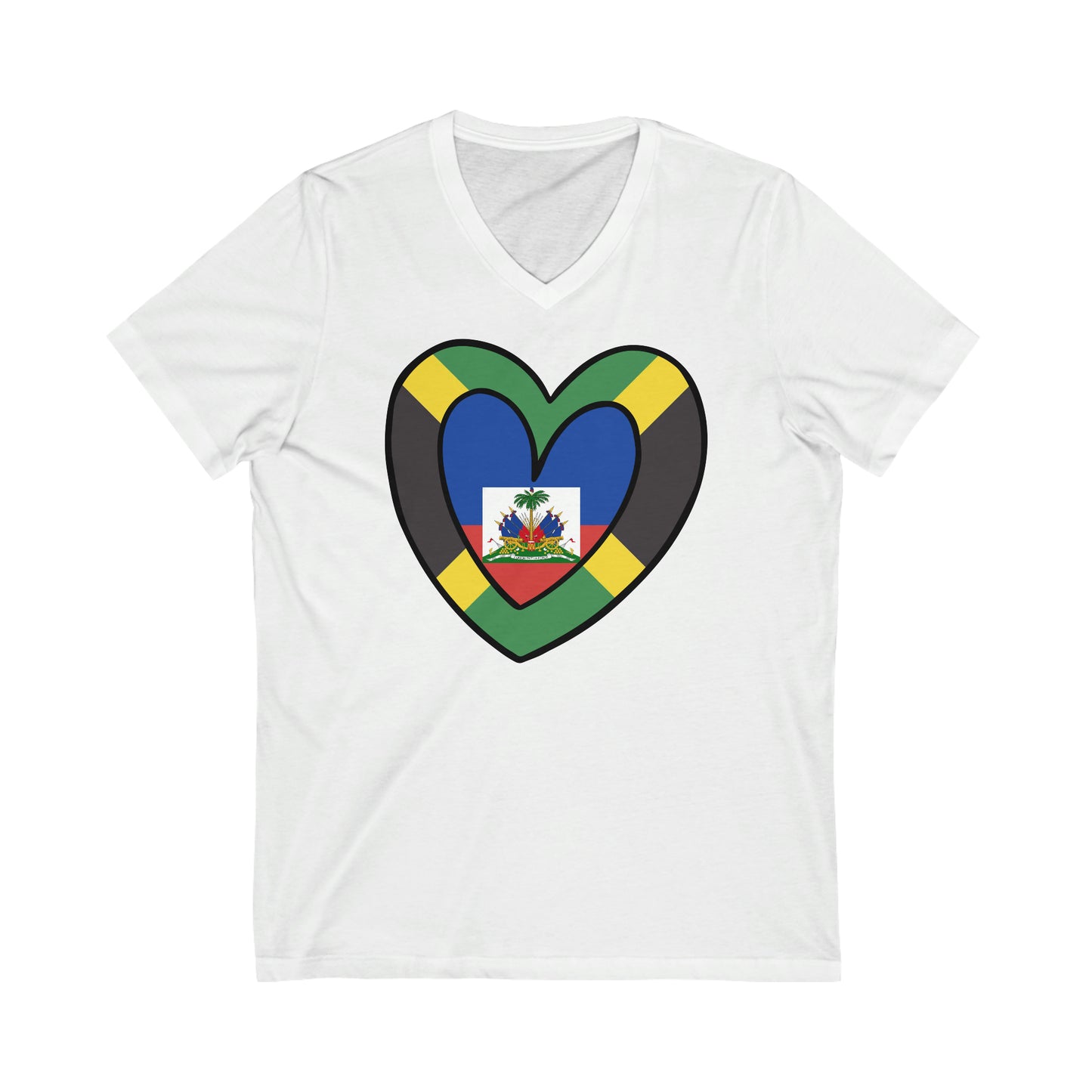 Jamaican Haitian Flag Inner Heart Jamaica Haiti  V-Neck T-Shirt | Unisex Vee Shirt