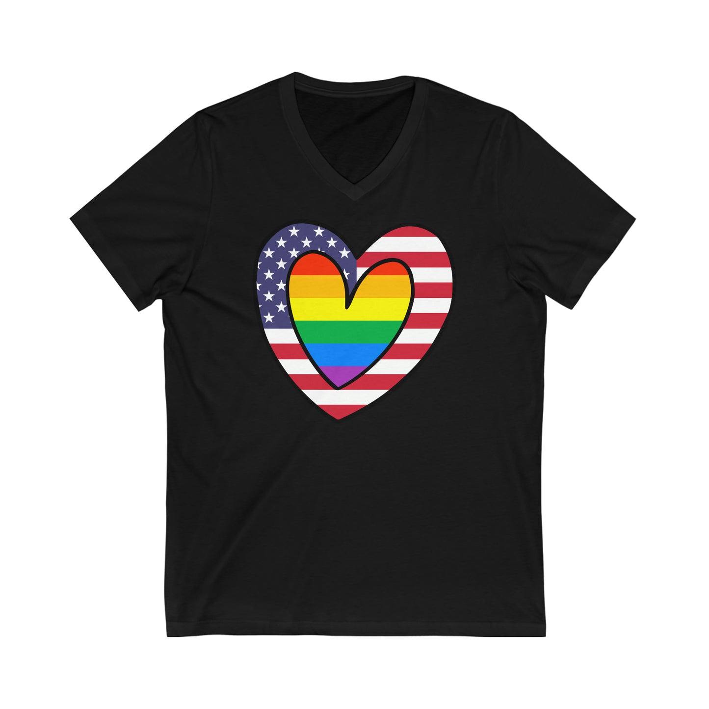 Rainbow American Flag Heart Pride Parade V-Neck T-Shirt | Unisex Vee Shirt