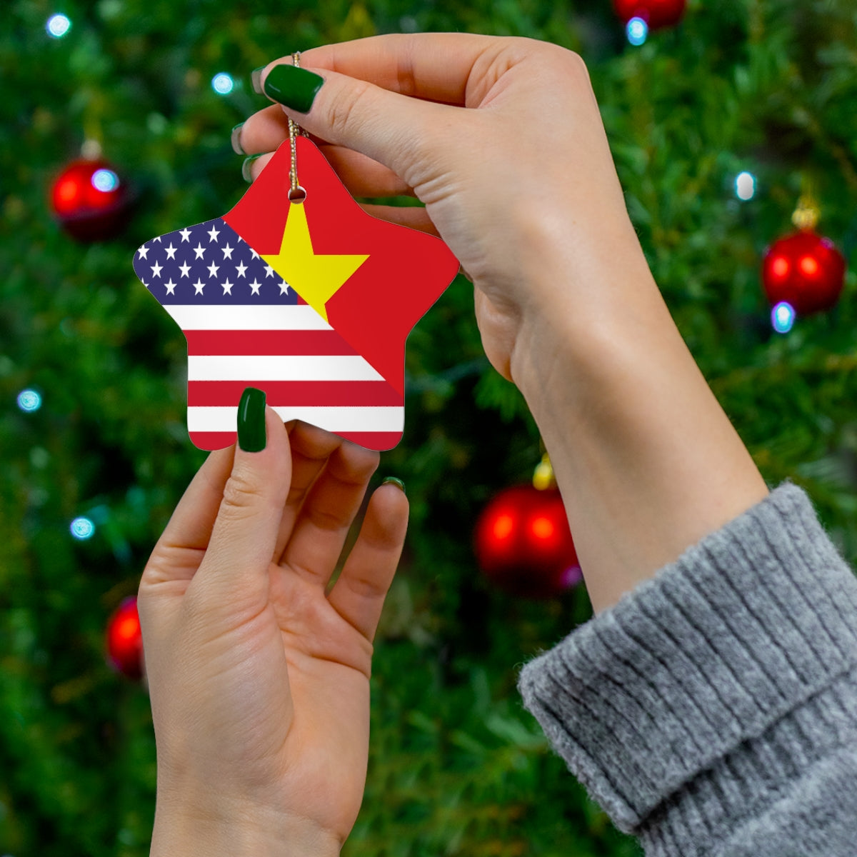 Vietnamese American Flag Ceramic Ornaments | Vietnam USA Holiday Christmas Tree